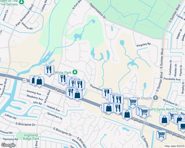 map of restaurants, bars, coffee shops, grocery stores, and more near 5992 Panorama Lane in North Port