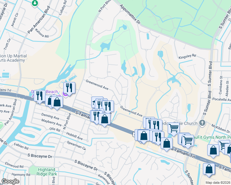 map of restaurants, bars, coffee shops, grocery stores, and more near 5759 Sabal Trace Drive in North Port
