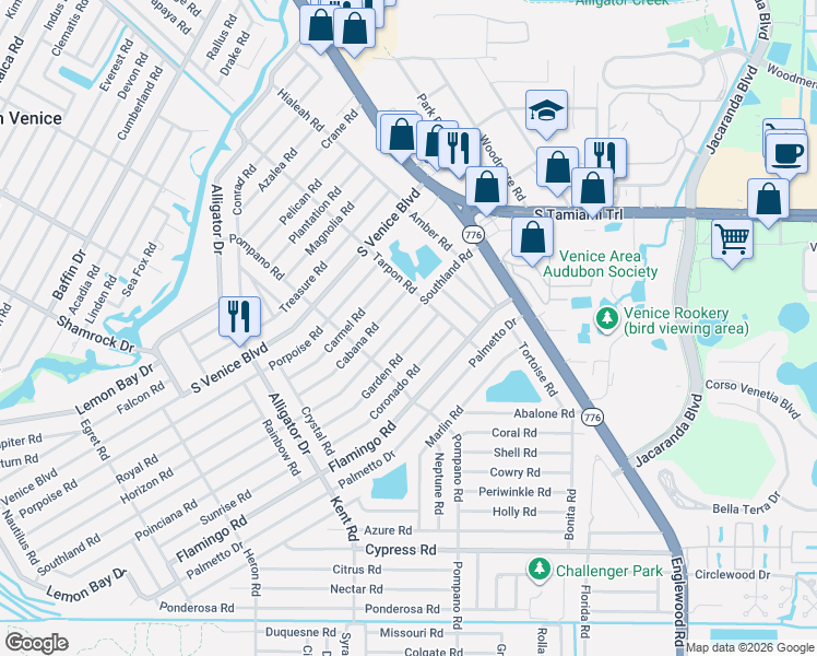 map of restaurants, bars, coffee shops, grocery stores, and more near 250 Southland Road in Venice