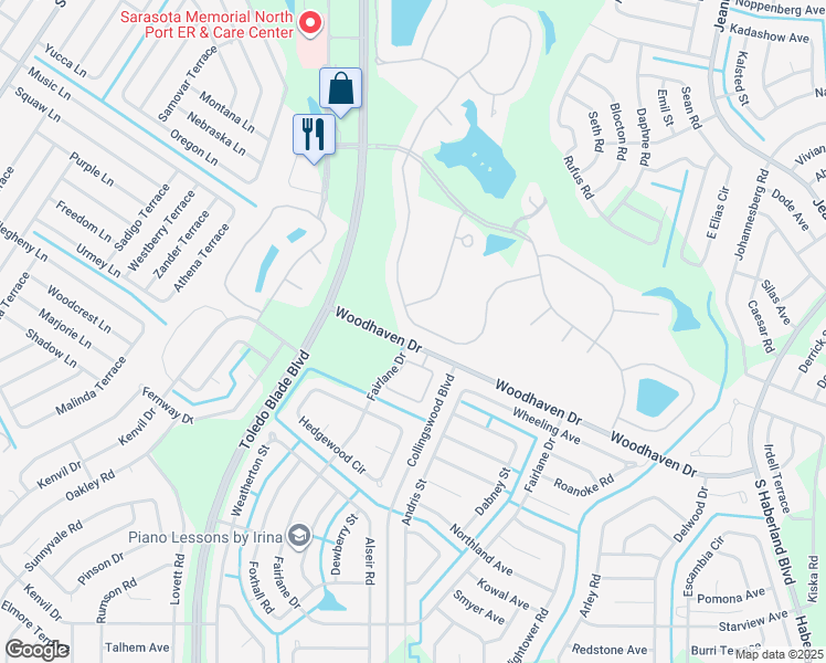 map of restaurants, bars, coffee shops, grocery stores, and more near 3097 Royal Palm Drive in North Port