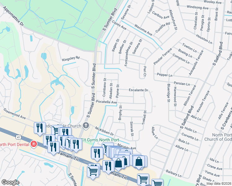 map of restaurants, bars, coffee shops, grocery stores, and more near 4875 Payne Street in North Port