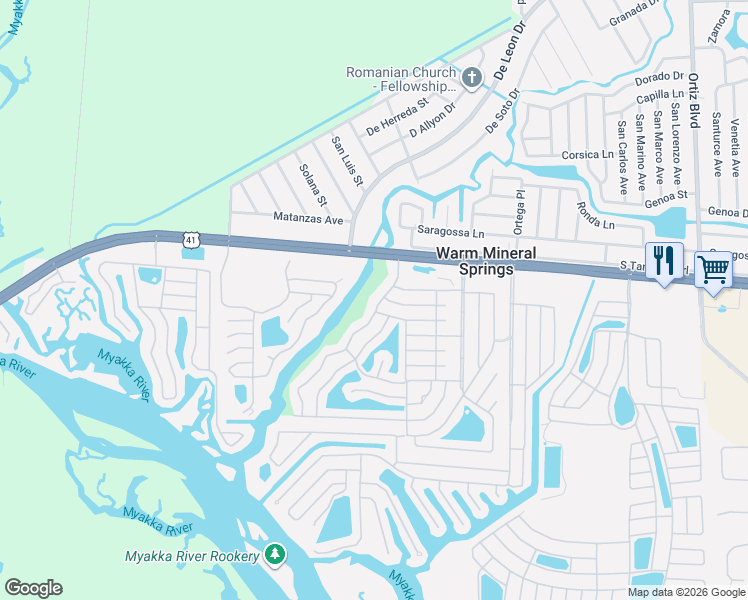 map of restaurants, bars, coffee shops, grocery stores, and more near 589 Portside Drive in North Port