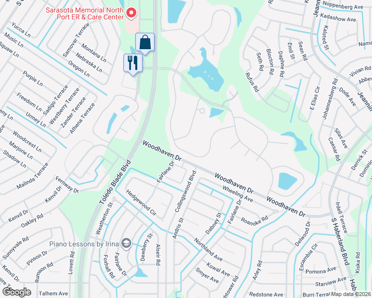 map of restaurants, bars, coffee shops, grocery stores, and more near 3140 Royal Palm Drive in North Port