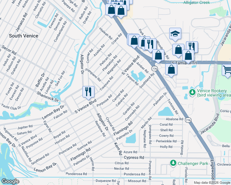 map of restaurants, bars, coffee shops, grocery stores, and more near 460 Porpoise Road in Venice