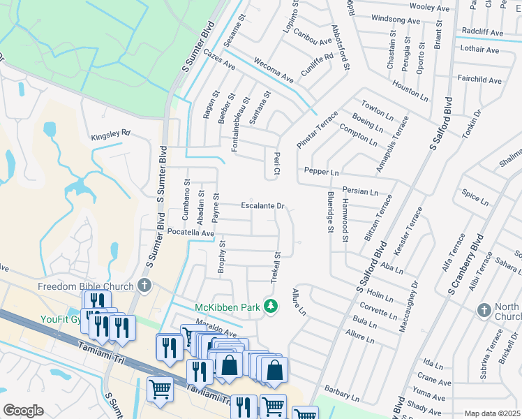 map of restaurants, bars, coffee shops, grocery stores, and more near 4825 Escalante Drive in North Port