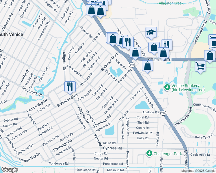 map of restaurants, bars, coffee shops, grocery stores, and more near 351 Carmel Road in Venice