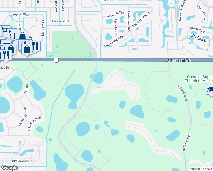 map of restaurants, bars, coffee shops, grocery stores, and more near 23233 Banbury Way in Venice
