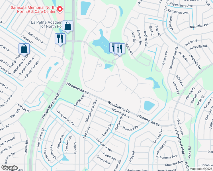 map of restaurants, bars, coffee shops, grocery stores, and more near 3391 Royal Palm Drive in North Port