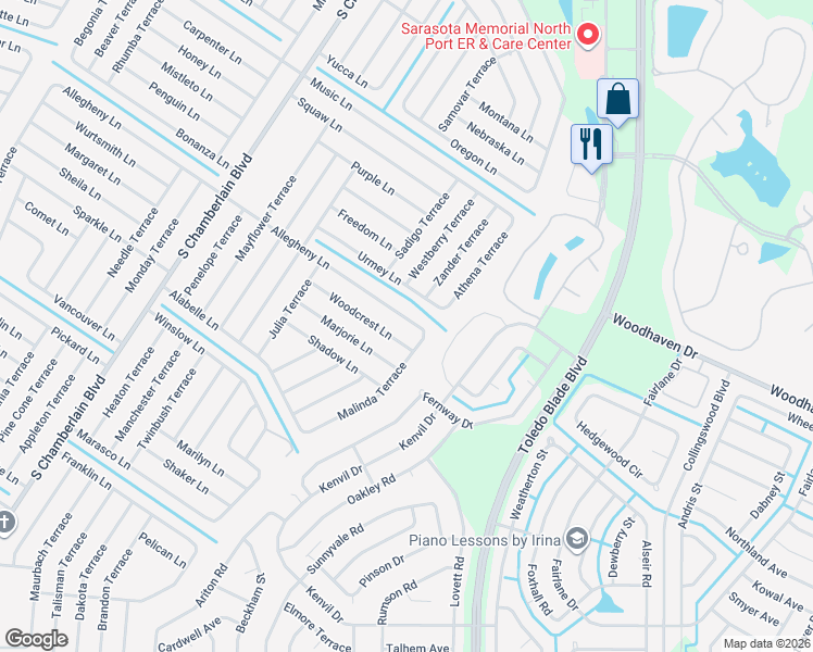 map of restaurants, bars, coffee shops, grocery stores, and more near 1227 Allegheny Lane in North Port
