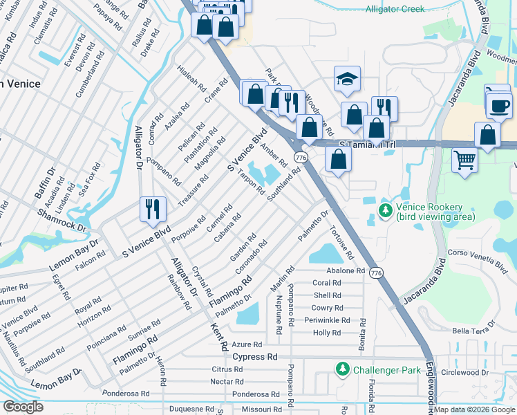 map of restaurants, bars, coffee shops, grocery stores, and more near 250 Southland Road in Venice