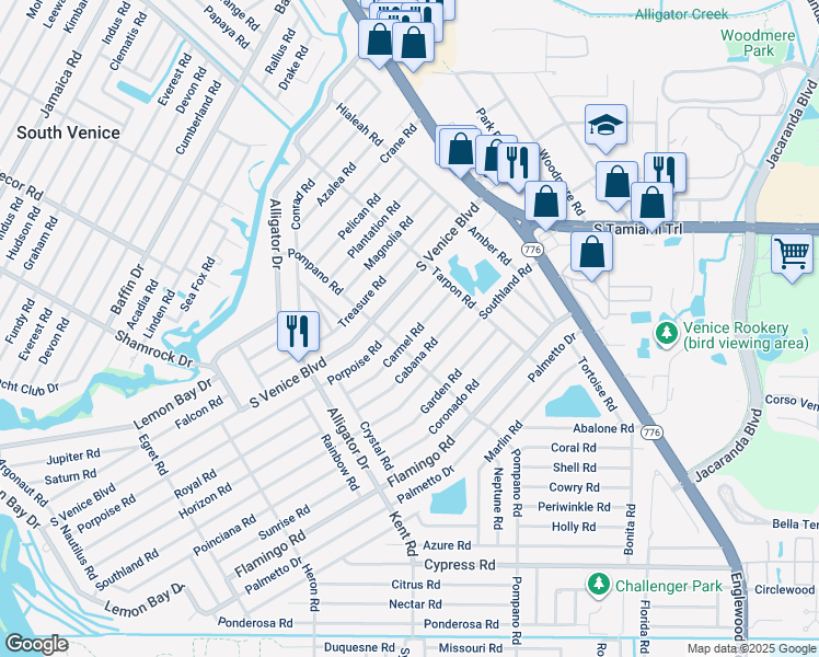 map of restaurants, bars, coffee shops, grocery stores, and more near 460 Porpoise Road in Venice