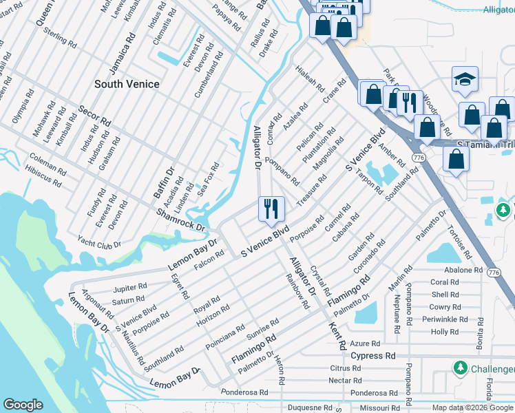 map of restaurants, bars, coffee shops, grocery stores, and more near 777 Lemon Bay Drive in Venice