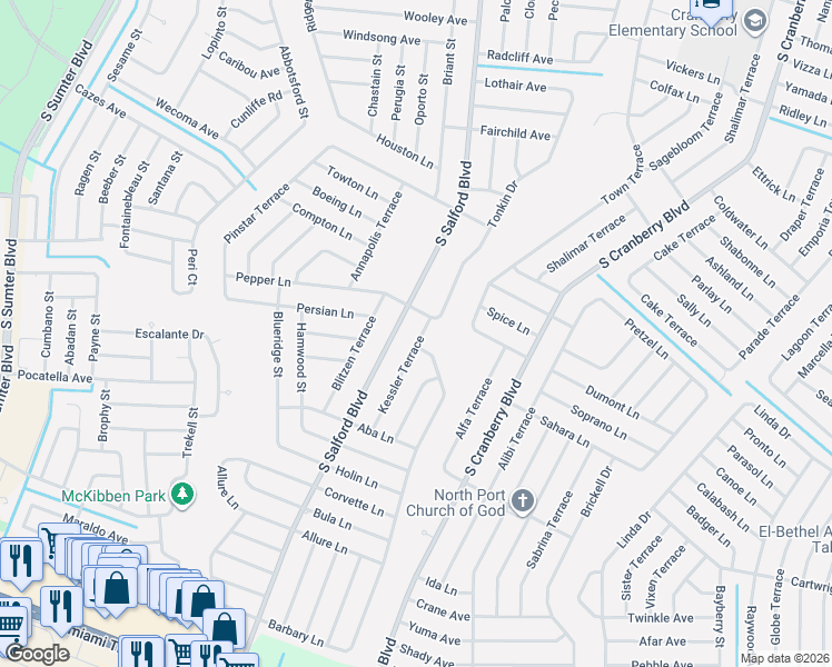 map of restaurants, bars, coffee shops, grocery stores, and more near 4044 South Salford Boulevard in North Port