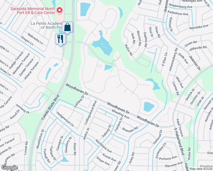map of restaurants, bars, coffee shops, grocery stores, and more near 3391 Royal Palm Drive in North Port