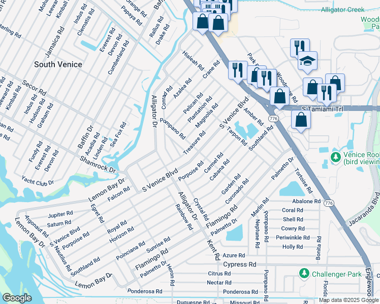 map of restaurants, bars, coffee shops, grocery stores, and more near 545 Treasure Road in Venice