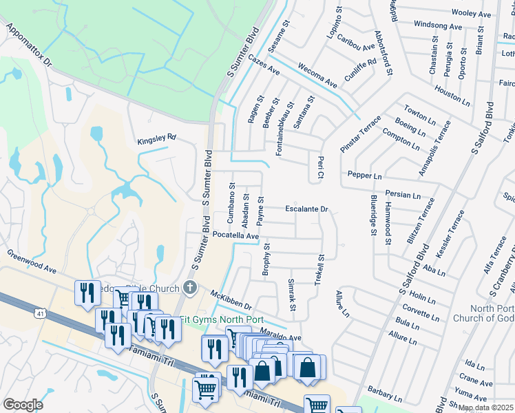 map of restaurants, bars, coffee shops, grocery stores, and more near 4815 Payne Street in North Port