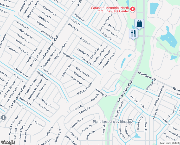 map of restaurants, bars, coffee shops, grocery stores, and more near 1207 Allegheny Lane in North Port