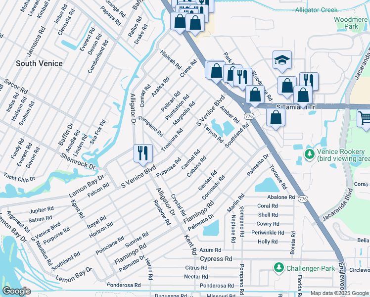 map of restaurants, bars, coffee shops, grocery stores, and more near 460 Porpoise Road in Venice