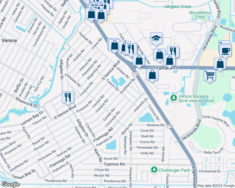 map of restaurants, bars, coffee shops, grocery stores, and more near 250 Southland Road in Venice