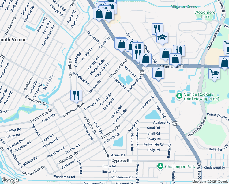 map of restaurants, bars, coffee shops, grocery stores, and more near 351 Carmel Road in Venice