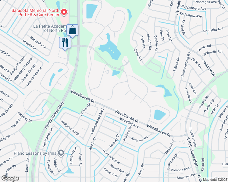 map of restaurants, bars, coffee shops, grocery stores, and more near 3391 Royal Palm Drive in North Port