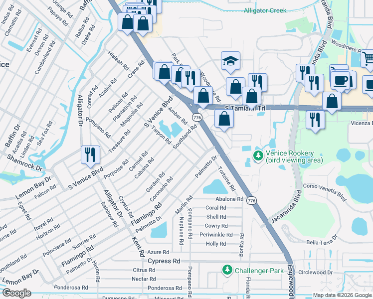 map of restaurants, bars, coffee shops, grocery stores, and more near 4232 Pandora Road in Venice