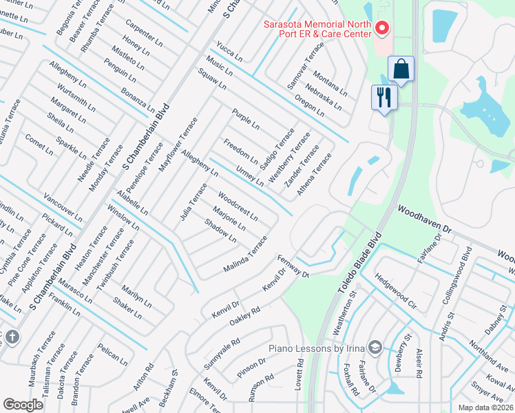 map of restaurants, bars, coffee shops, grocery stores, and more near 1227 Allegheny Lane in North Port