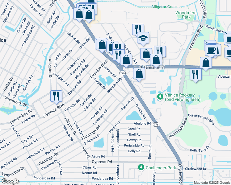 map of restaurants, bars, coffee shops, grocery stores, and more near 4232 Pandora Road in Venice