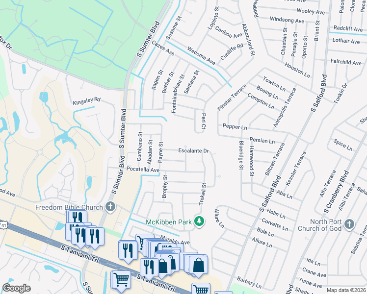 map of restaurants, bars, coffee shops, grocery stores, and more near 4762 Escalante Drive in North Port