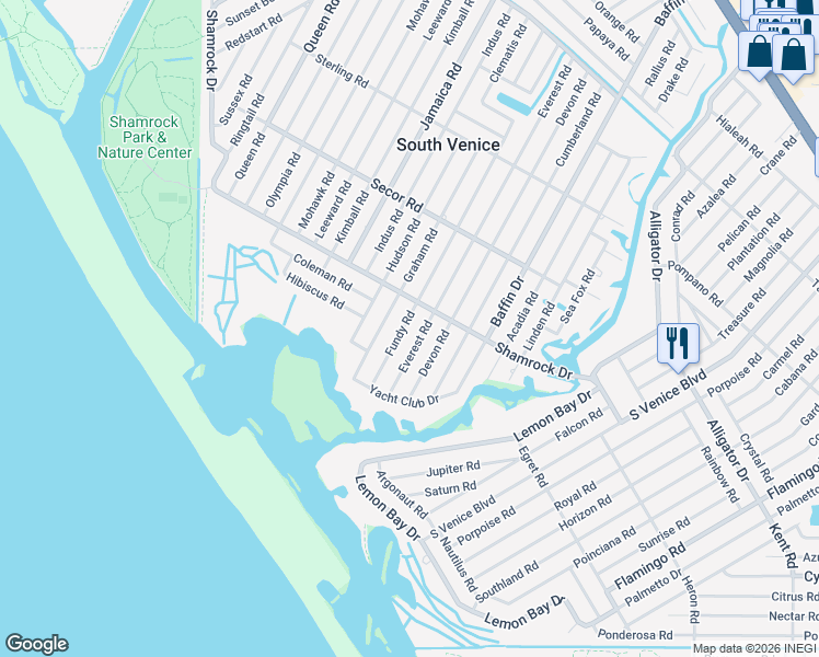 map of restaurants, bars, coffee shops, grocery stores, and more near 27 Fundy Road in Venice