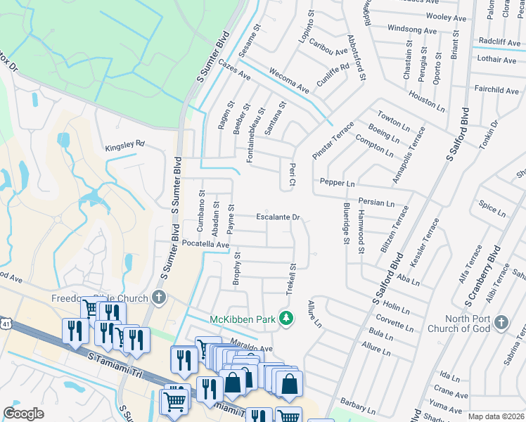 map of restaurants, bars, coffee shops, grocery stores, and more near 4762 Escalante Drive in North Port
