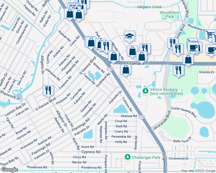 map of restaurants, bars, coffee shops, grocery stores, and more near 4232 Pandora Road in Venice
