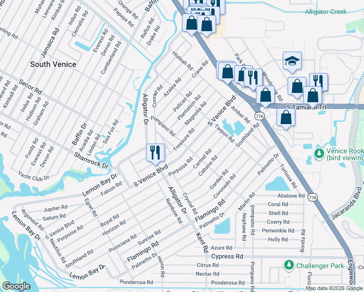 map of restaurants, bars, coffee shops, grocery stores, and more near 545 Treasure Road in Venice