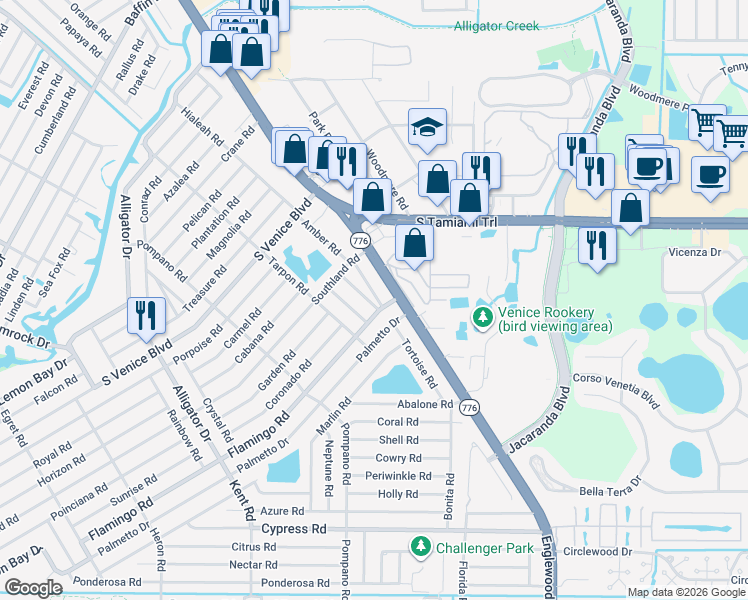 map of restaurants, bars, coffee shops, grocery stores, and more near 4220 Blossom Road in Venice