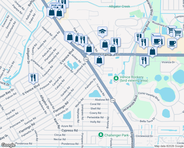map of restaurants, bars, coffee shops, grocery stores, and more near 4220 Blossom Road in Venice