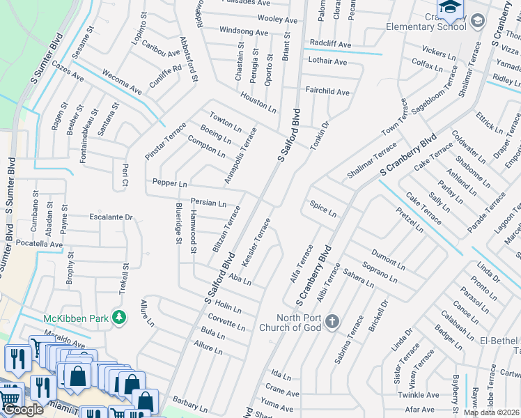 map of restaurants, bars, coffee shops, grocery stores, and more near 4044 South Salford Boulevard in North Port