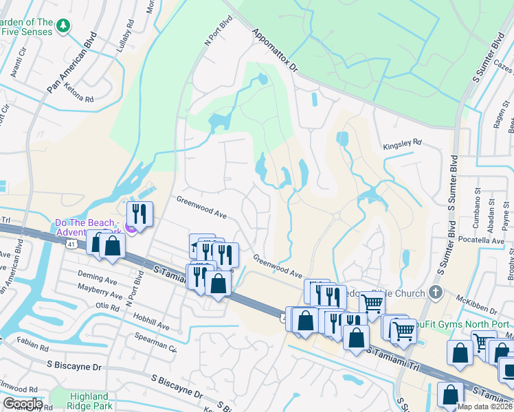 map of restaurants, bars, coffee shops, grocery stores, and more near 5768 Sabal Trace Drive in North Port