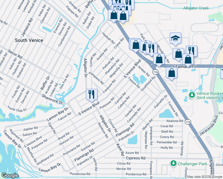map of restaurants, bars, coffee shops, grocery stores, and more near 545 Treasure Road in Venice