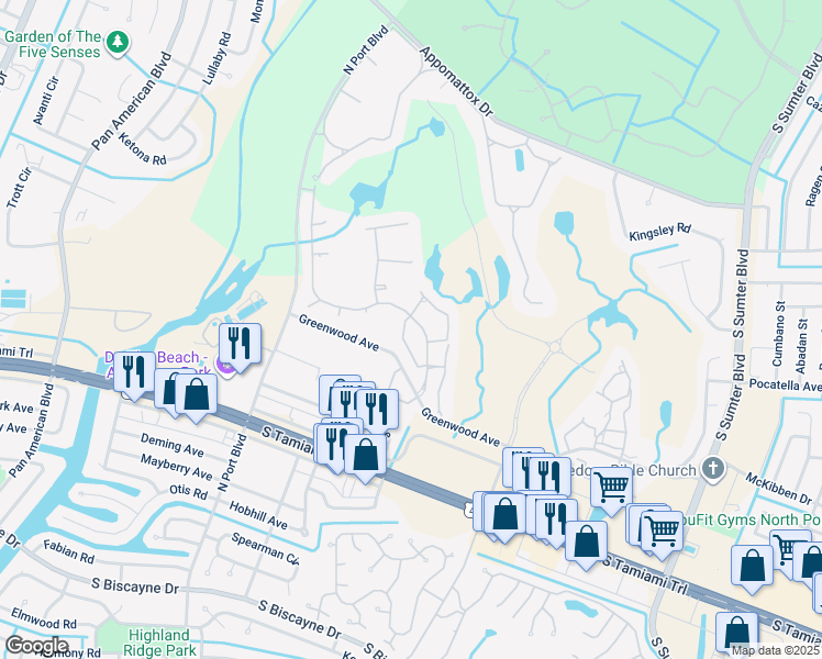 map of restaurants, bars, coffee shops, grocery stores, and more near 5747 Sabal Trace Drive in North Port