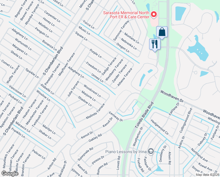 map of restaurants, bars, coffee shops, grocery stores, and more near 1148 Allegheny Lane in North Port