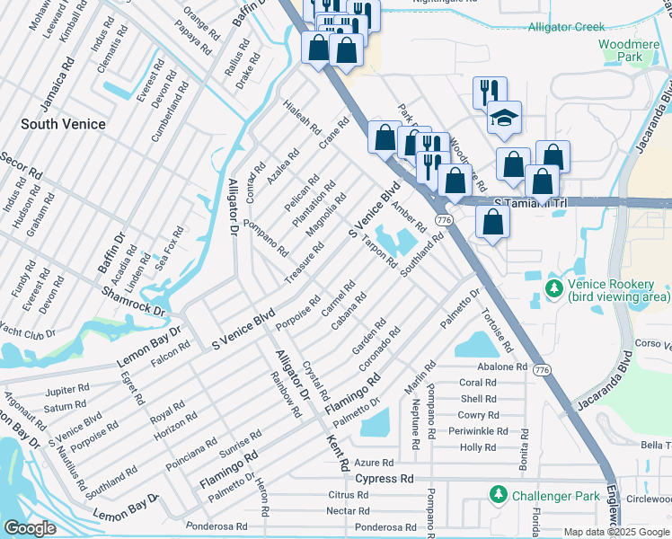 map of restaurants, bars, coffee shops, grocery stores, and more near 424 Porpoise Road in Venice