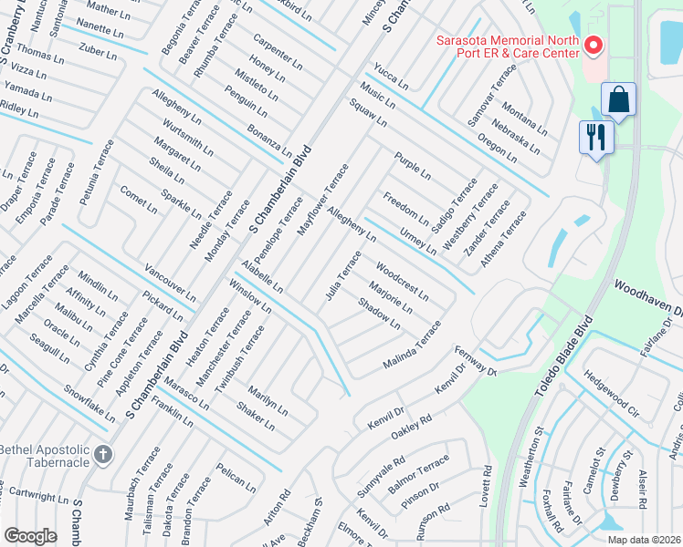 map of restaurants, bars, coffee shops, grocery stores, and more near 3479 Julia Terrace in North Port