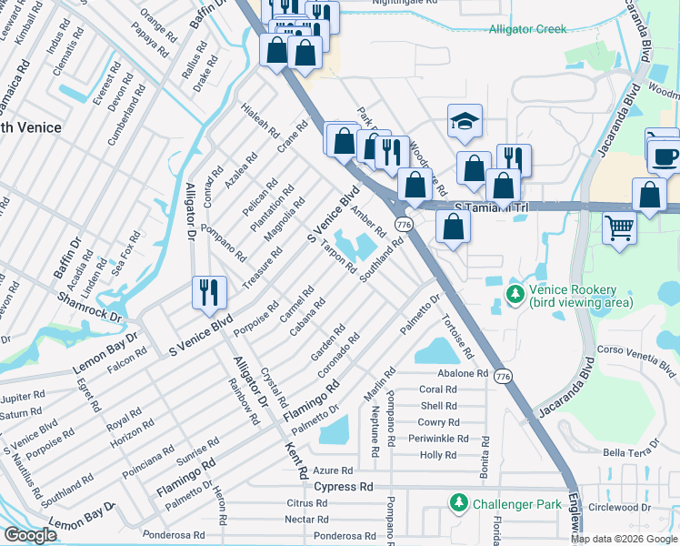 map of restaurants, bars, coffee shops, grocery stores, and more near 250 Southland Road in Venice
