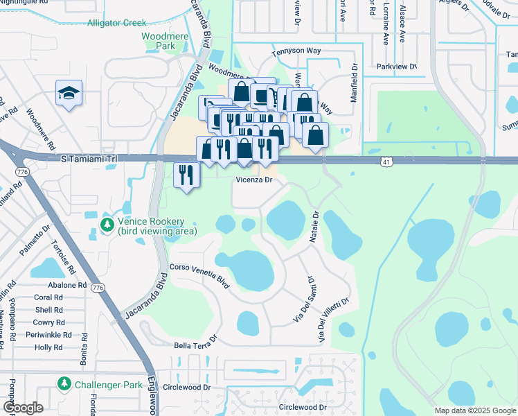 map of restaurants, bars, coffee shops, grocery stores, and more near 4200 Vicenza Drive in Venice