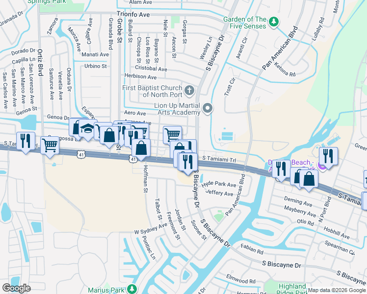 map of restaurants, bars, coffee shops, grocery stores, and more near 13625 Tamiami Trail in North Port