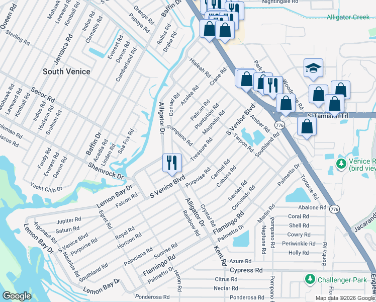 map of restaurants, bars, coffee shops, grocery stores, and more near 4260 Conus Road in Venice