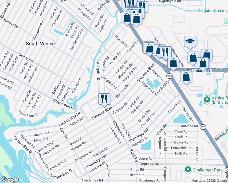 map of restaurants, bars, coffee shops, grocery stores, and more near 4260 Conus Road in Venice