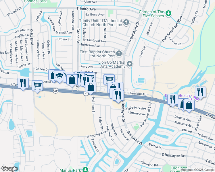 map of restaurants, bars, coffee shops, grocery stores, and more near 13625 Tamiami Trail in North Port