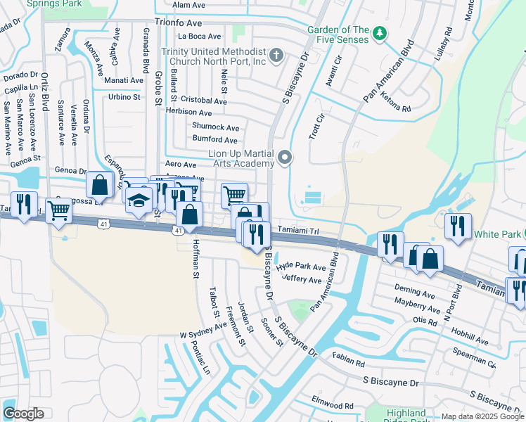 map of restaurants, bars, coffee shops, grocery stores, and more near 8072 Meade Court in North Port