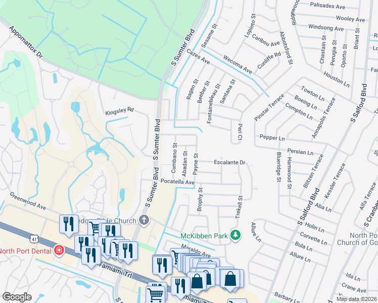 map of restaurants, bars, coffee shops, grocery stores, and more near 4815 Payne Street in North Port